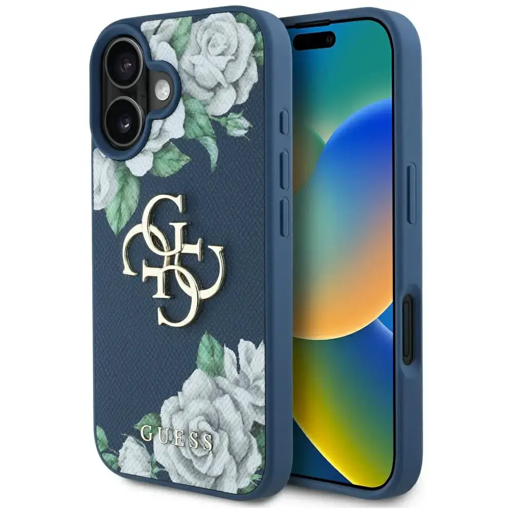 Guess Grained Roses Big 4G logo telefona maciņš iPhone 16 zilā