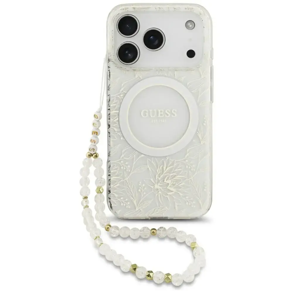 Guess IML Flowers Allover Strap MagSafe Case for iPhone 17 Pro White