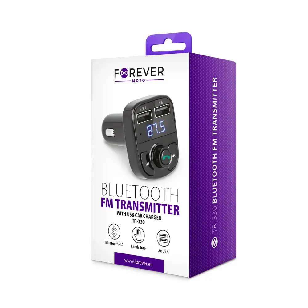 Forever TR-330 bluetooth 4.0 FM transmitter ar uzlādes ligzdām USB 12 | 24V | 3.1A + 1A melns