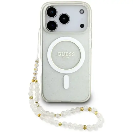 Guess IML Glitter Pearl Strap MagSafe Case for iPhone 17 Pro Clear