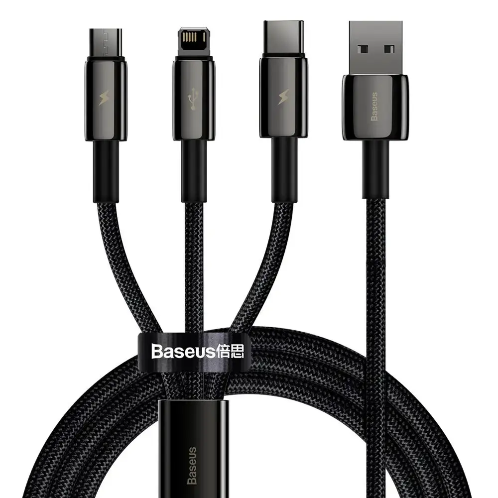 Baseus CAMLTWJ-01 3-in-1 datu pārraides un uzlādes vads | USB-A uz Micro USB, USB-C, Lightning | 66W | 1.5m | melns