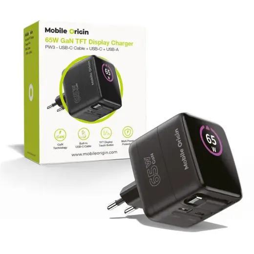 Mobile Origin 65W GaN Display Charger PW3 - USB-C Self-Retracting Cable + USB-C + USB-A
