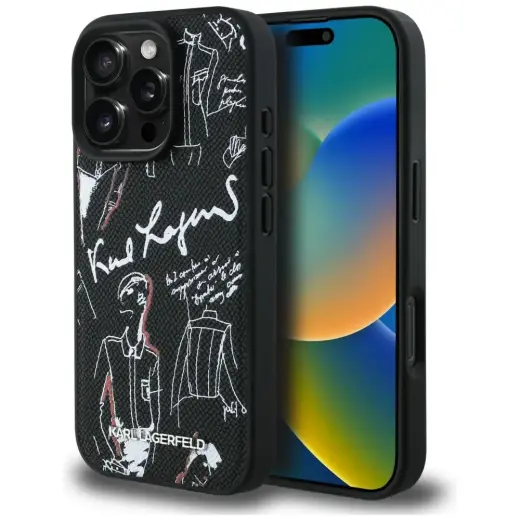 Karl Lagerfeld Grained Pattern & Logo чехол с поддержкой MagSafe для телефона iPhone 16 Pro черный