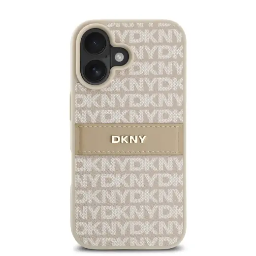 DKNY PU Leather Repeat Pattern Tonal Stripe Case for iPhone 16 Pink