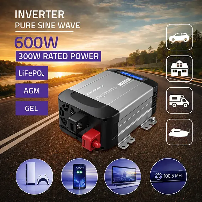 Qoltec Pure Sine Wave Inverter | 12V to 230V | 300/600W | LCD | USB | USC-C | Compatible with LiFePO4 GEL AGM