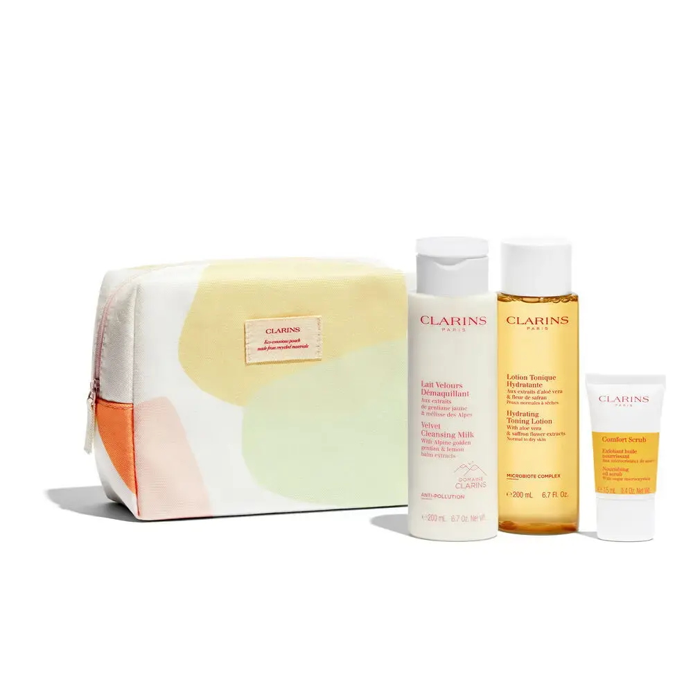 Clarins Cleansing Essentials Gift Set - Dry/Normal Skin 200ml Velvet Cleansing Milk + 200ml Hydrating Toning Lotion + 15ml Comfort Scrub Nourishing Oi