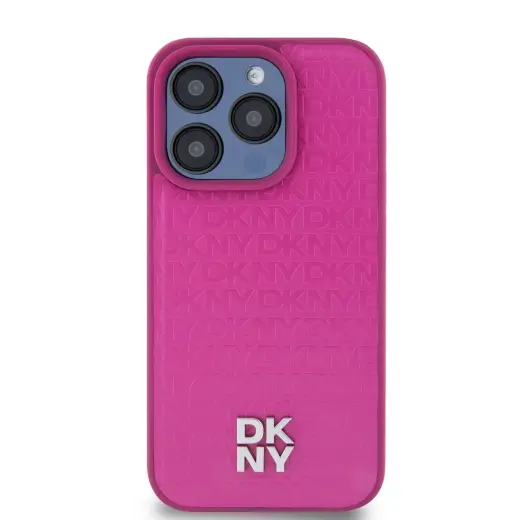 DKNY PU Leather Repeat Pattern Stack Logo MagSafe Case for iPhone 15 Pro Pink