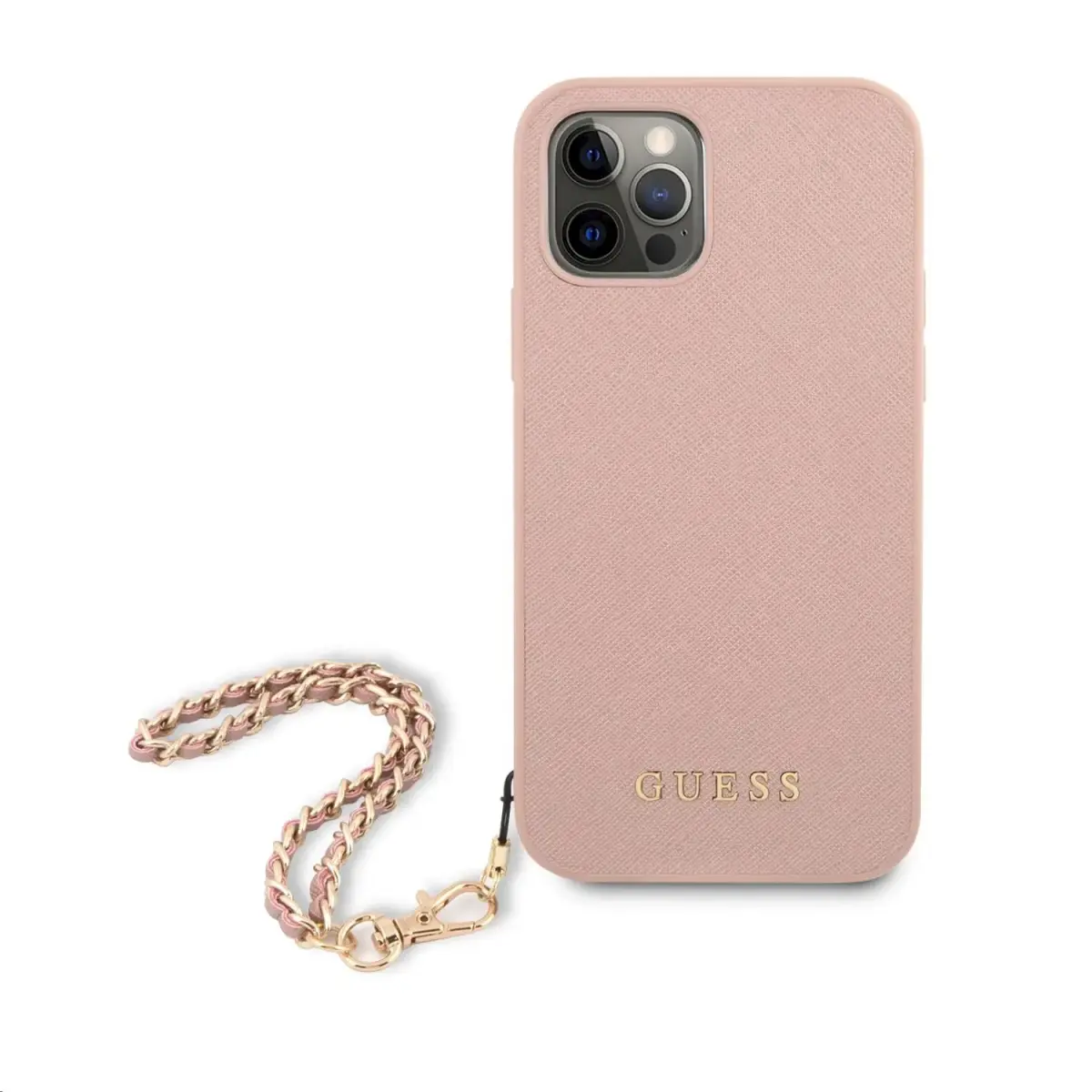 GUHCP12LSASGPI Guess PU Saffiano Gold Chain Case for iPhone 12 Pro Max Pink