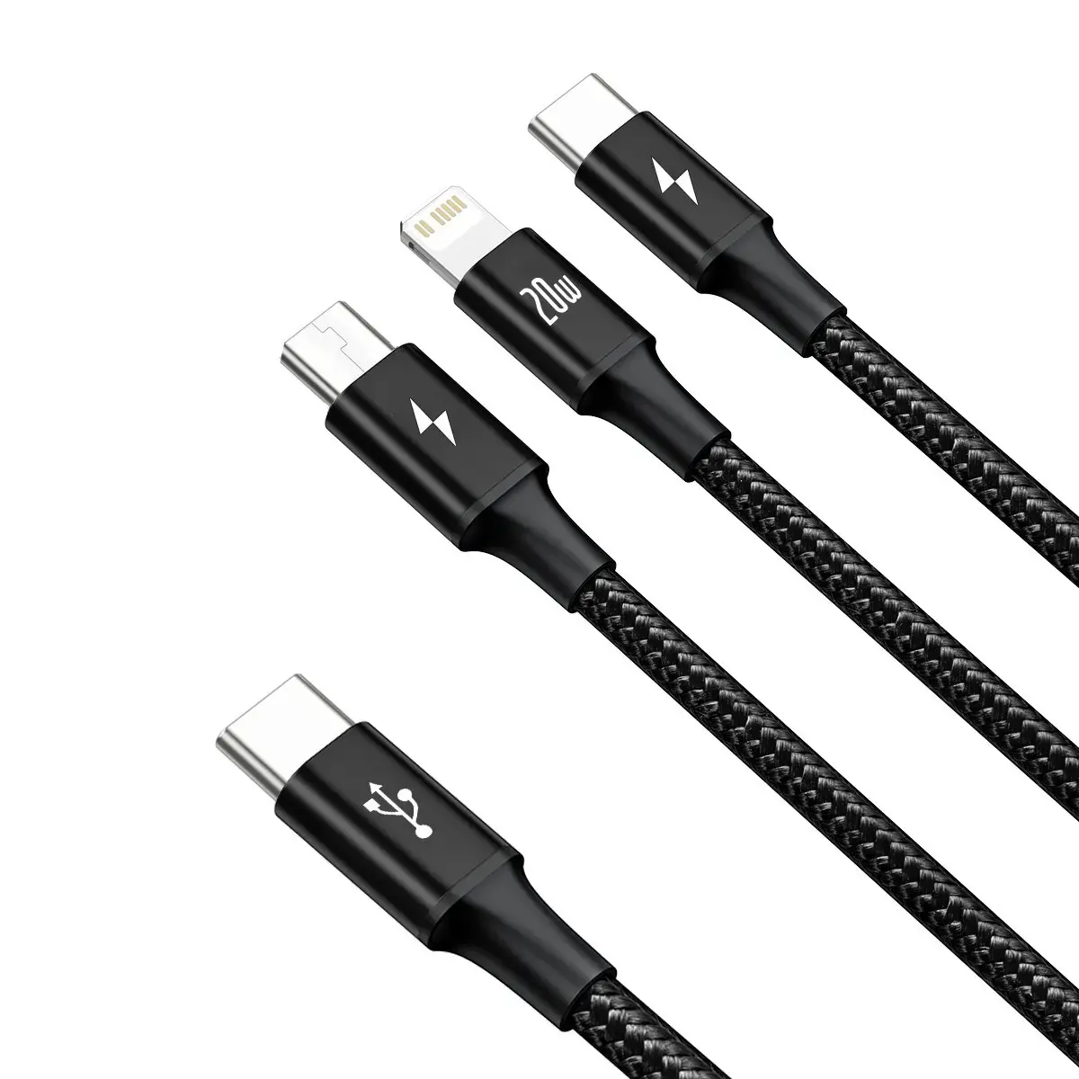 Baseus Rapid Series 3-in-1 datu pārraides un uzlādes vads | USB-C uz USB-C, Lightning, Micro USB | 20W | 1.5m | melns