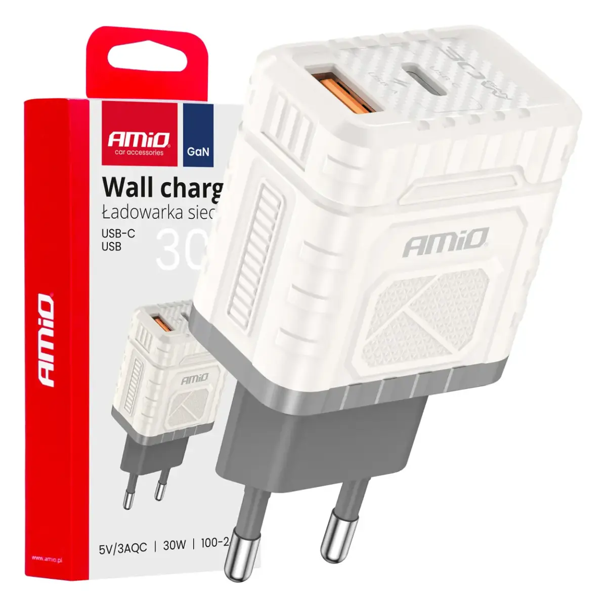AMiO AMiO-04286 tīkla lādētājs | 30W | QC, GaN | USB-A, USB-C