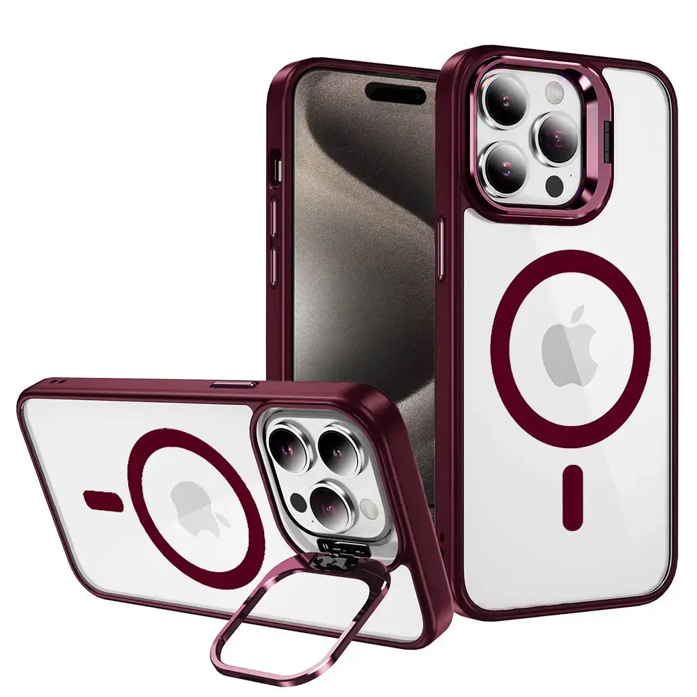 Tel Protect Kickstand Magsafe Case for Iphone 15 burgundy