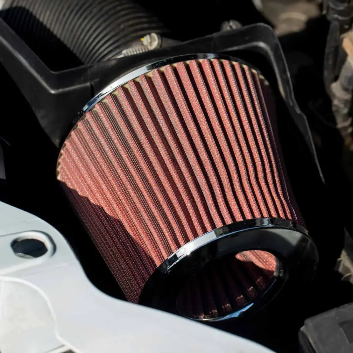 Car Air Conical Filter red/chrome, universal, 3 mouting adapters AMIO-01282