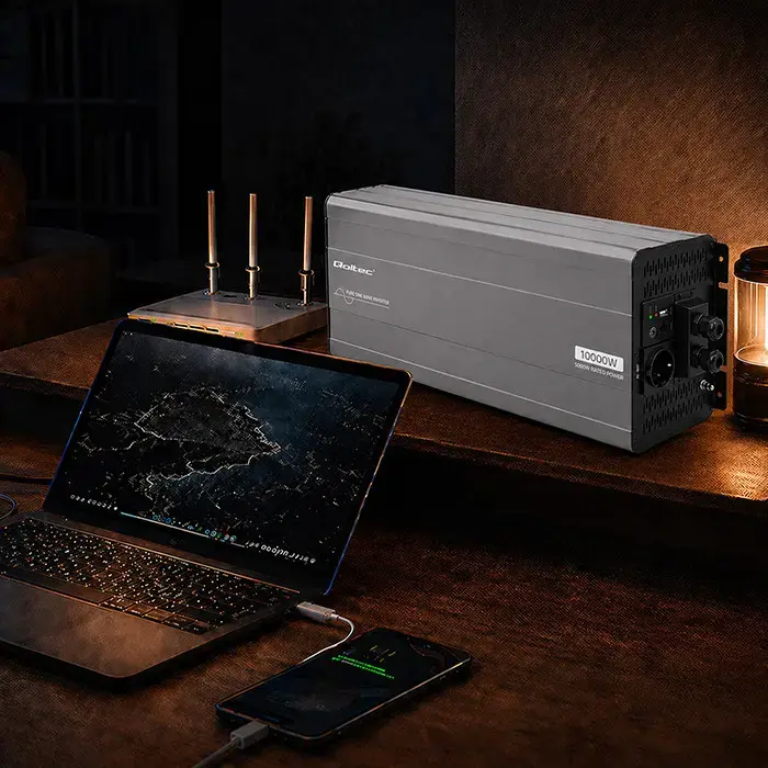 Qoltec Pure Sine Wave Inverter | 24V to 230V | 5000/10000W | USB | Compatible with LiFePO4 GEL AGM