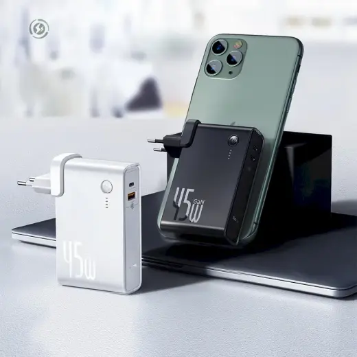 Baseus GaN power bank 10000 mAh fast wall charger PPS 45 W 2x USB Typ C Quick Charge 3.0 Power Delivery (gallium nitride) + USB Type C 1 m cable white (PPNLD-F02)