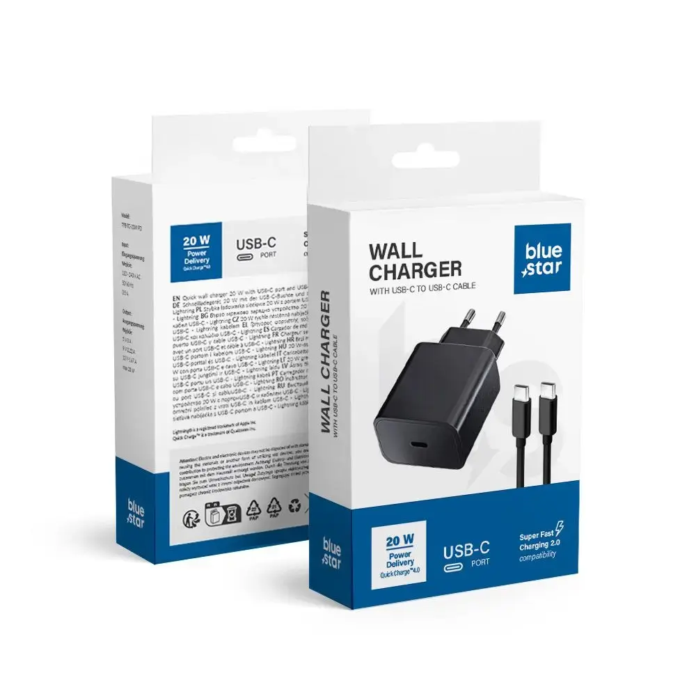 Blue Star TFB-TC-20WPD tīkla lādētājs | 20W | PD, QC | USB-C | ar USB-C uz USB-C vadu komplektā | melns