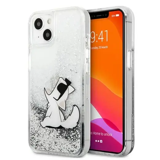 KLHCP13SGCFS Karl Lagerfeld Liquid Glitter Choupette Eat Case for iPhone 13 mini Silver
