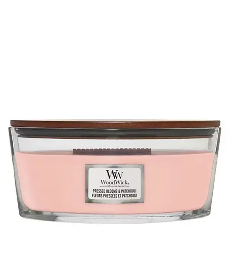 WoodWick Pressed Blooms & Patchouli aromātiskā svece ar koka daktu 453,6 g