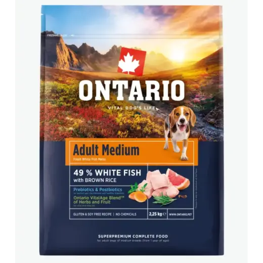 Barība suņiem – Ontario Adult Medium, Fish and Brown Rice, 2,25 kg