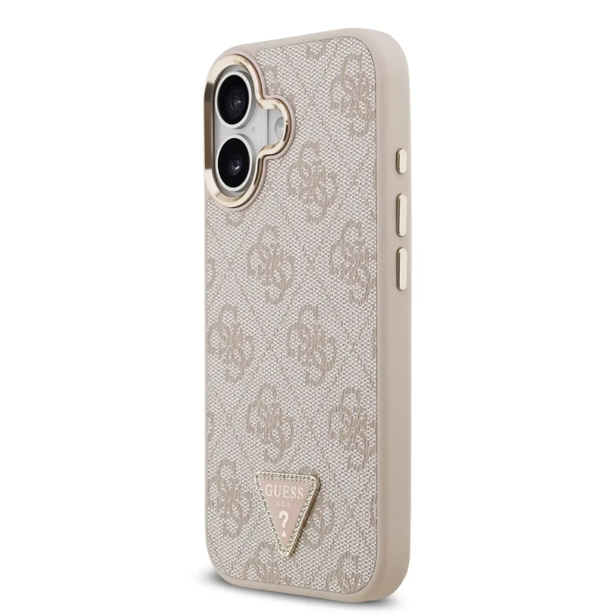 Guess PU Leather 4G Strass Triangle Logo Gold Frame MagSafe Case for iPhone 17 Pink