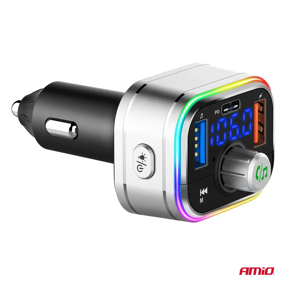 Car FM Transmitter 1×USB-C microSD 12V 24V AMIO-04652