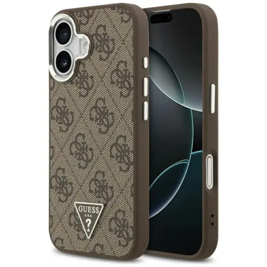 Guess 4G PU Leather Triangle Logo with Silver Metal Camera Frame maciņš ar MagSafe atbalstu telefonam iPhone 17 brūns