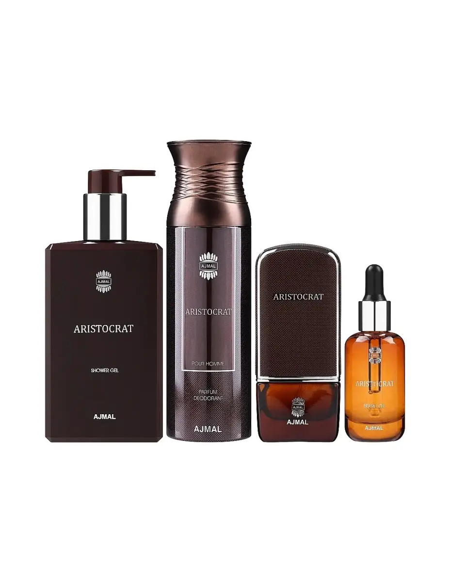 Set Ajmal: Aristocrat, Eau De Parfum, For Men, 75 ml + Aristocrat, Beard Oil, For Hydration, 30 ml + Aristocrat, Cleansing, Shower Gel, For All Skin Types, 200 ml + Aristocrat, Anti-Perspirant, Deodorant Spray, For Men, 200 ml
