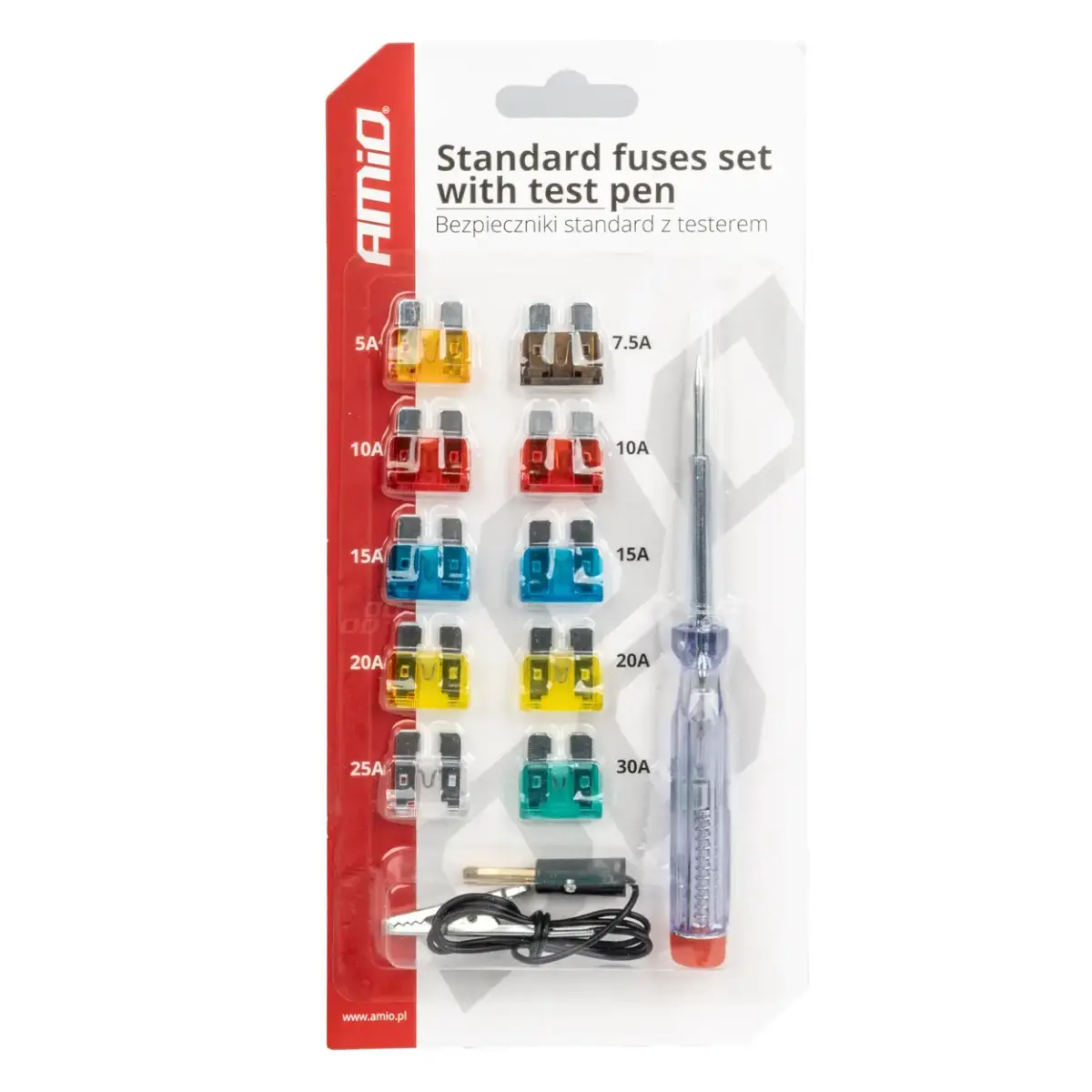 Standard car fuses set with test pen AMIO-03523