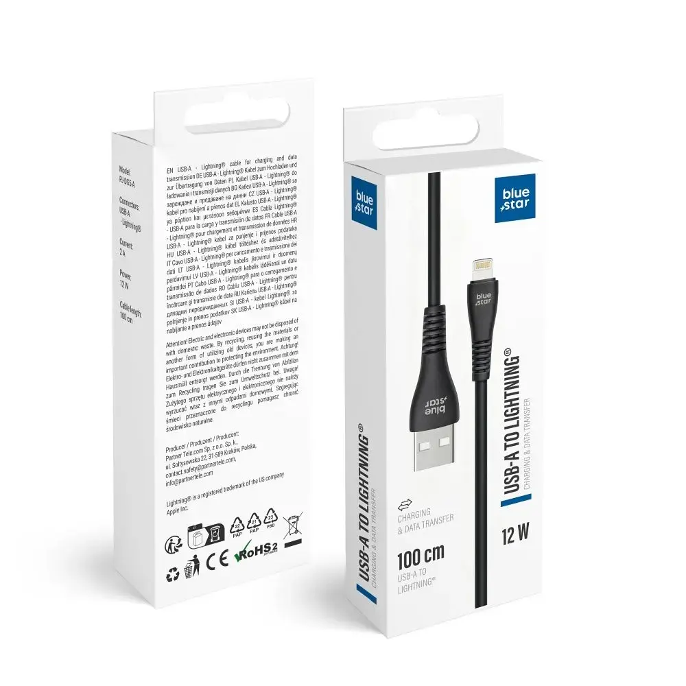 Blue Star PJ-DG5-A datu pārraides un uzlādes vads | USB-A uz Lightning | 12W | 1m | melns