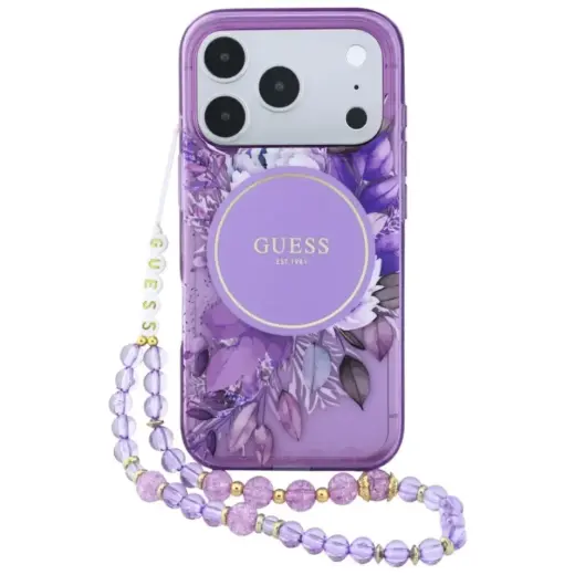 Guess IML Flowers Pearl Strap MagSafe Case for iPhone 18 Pro Max / 17 Pro Max - Purple
