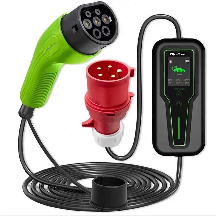 Qoltec Mobile charger for EV with regulation 2-in-1 type2 | 7kW | 230V | CEE 32A | LCD | Portable | Wallbox | 5m