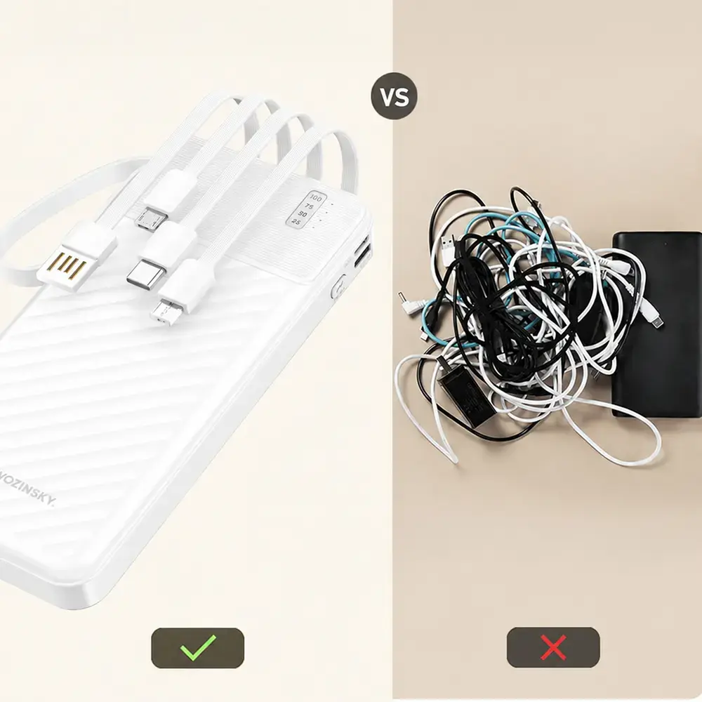 Wozinsky W11-W 10000mAh 10W Powerbank with Built-in Cables and Flashlight - White