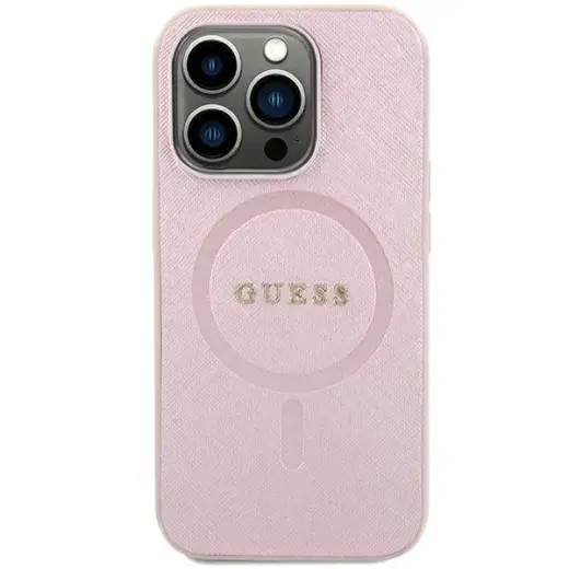 Guess GUHMP15SPSAHMCP Saffiano phone case with MagSafe support for iPhone 15 pink