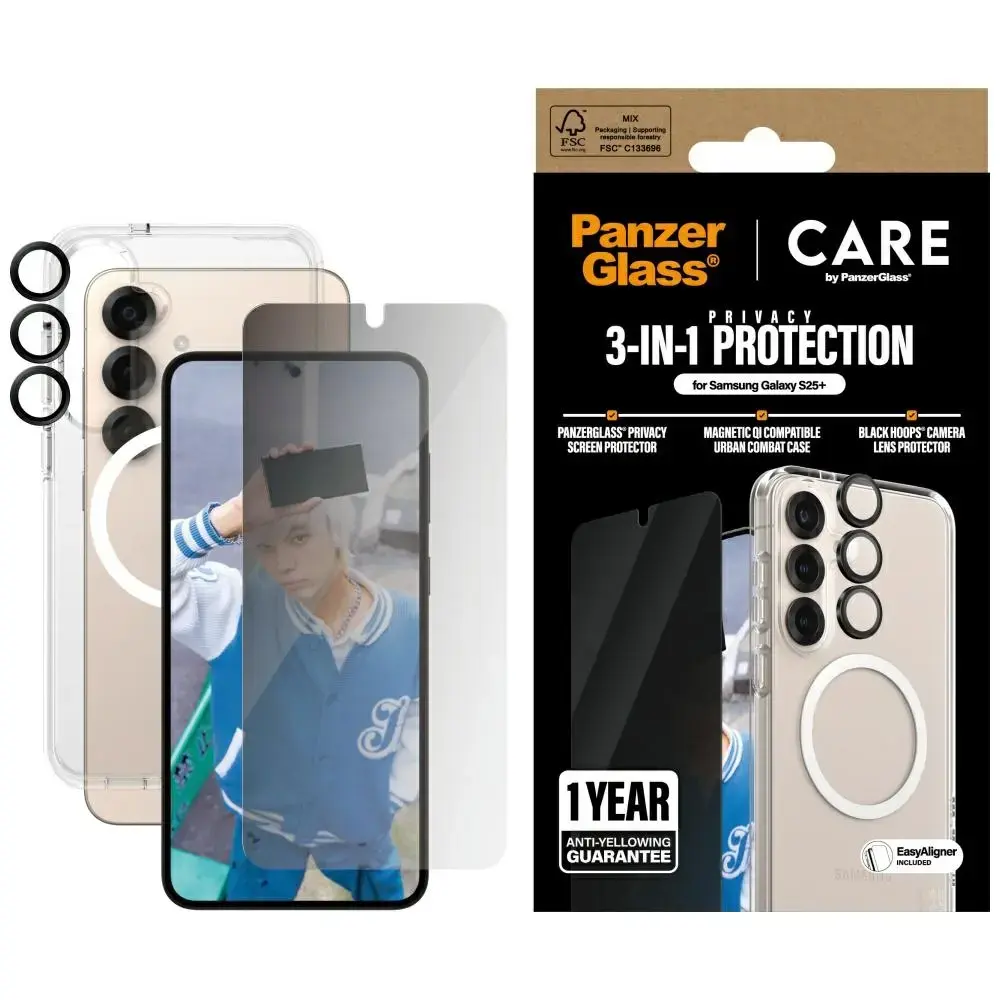 Zestaw ochronny CARE by PanzerGlass       Flagship 3w1 Etui+Szkło Prywatyzujące+Lens do Samsung Galaxy S25+