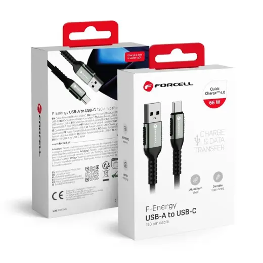 Forcell F-Energy C256 duomenų perdavimo ir įkrovimo laidas | USB-A į USB-C | QC 4.0 | 66W | 1.2m | juodas