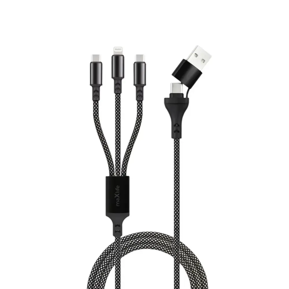 Maxlife ALLin1 3-in-1 datu pārraides un uzlādes vads | USB-A uz USB-C, Lightning, USB-C | 66W | 1m | melns