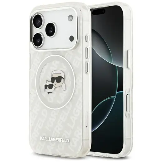 Karl Lagerfeld IML Glitter Karl & Choupette Heads Logo maciņš ar MagSafe atbalstu telefonam iPhone 17 Pro pelēks