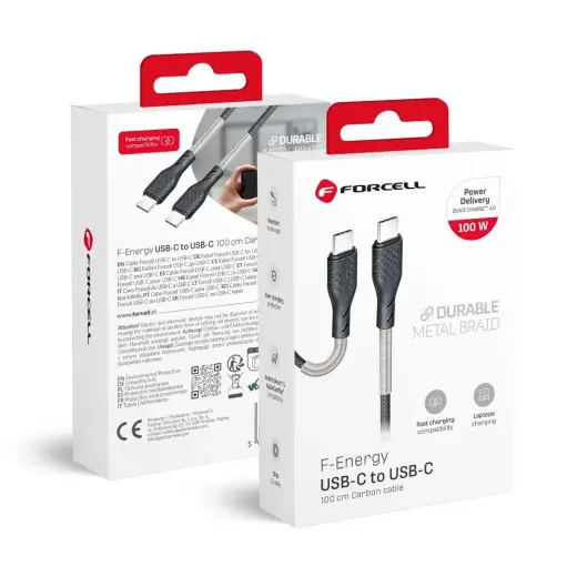 Forcell F-Energy CB-04C datu pārraides un uzlādes vads | USB-C uz USB-C | QC 4.0, PD | 100W | 1m | melns