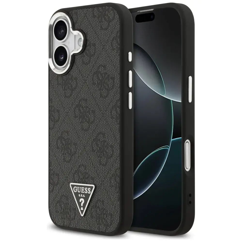 Guess 4G PU Leather Case With Triangle Logo And Silver Metal Camera Frame maciņš ar MagSafe atbalstu telefonam iPhone 17 melns