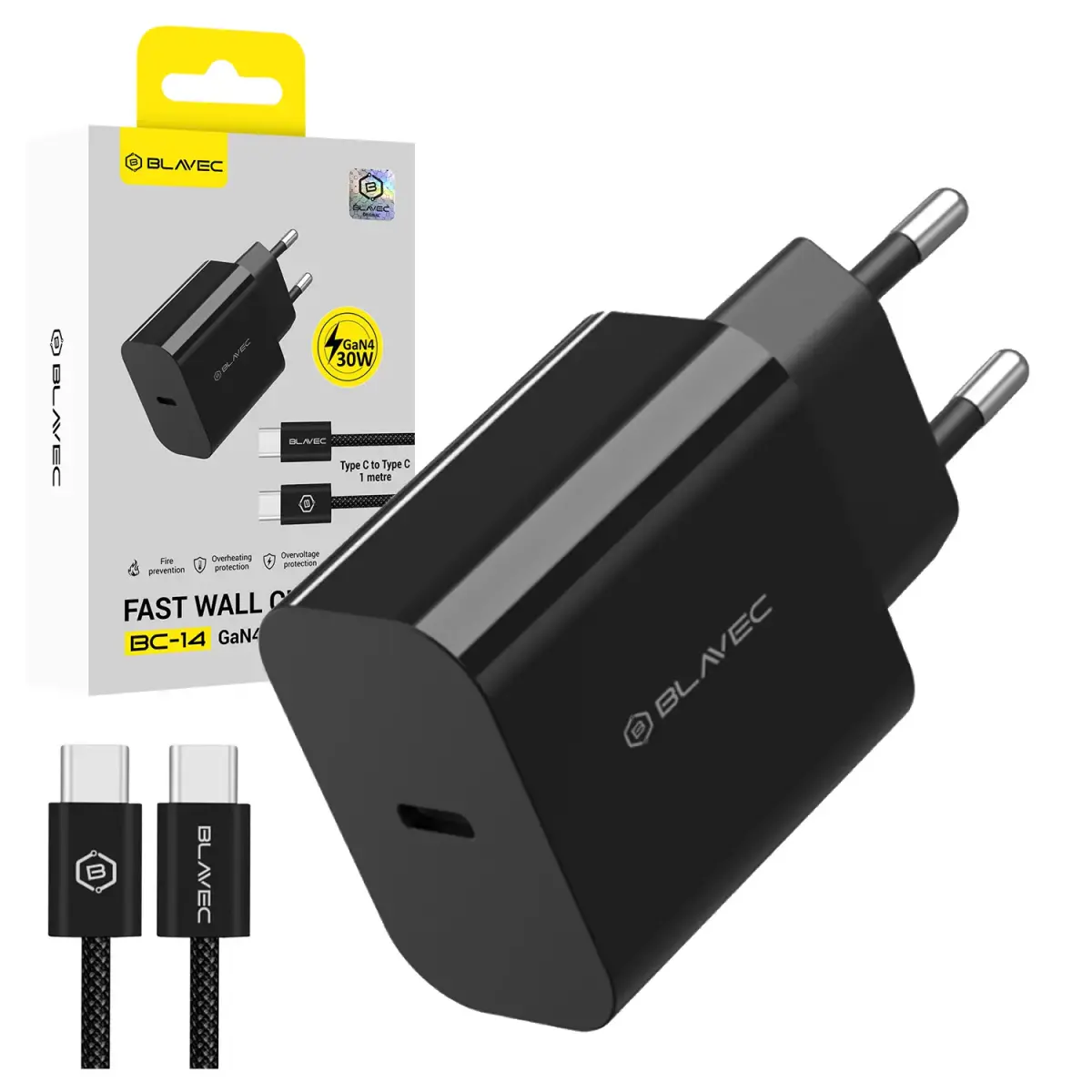 Зарядное устройство Blavec BC-14 GaN4 | 30W | PD, QC, GaN, PPS | USB-C | с кабелем USB-C на USB-C в комплекте | чёрное
