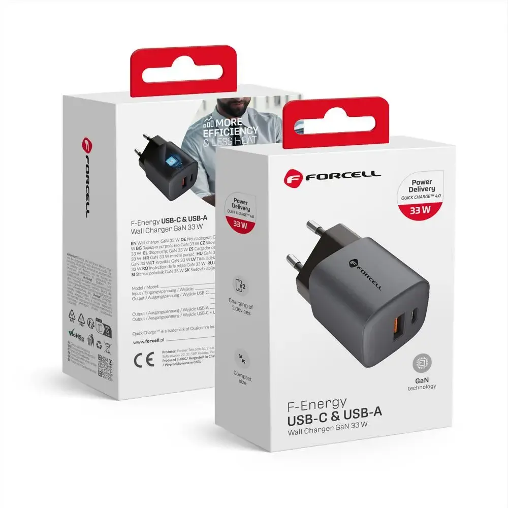 Forcell F-Energy VT-31 tīkla lādētājs | 33W | PD, QC, GaN | USB-C, USB-A | pelēks
