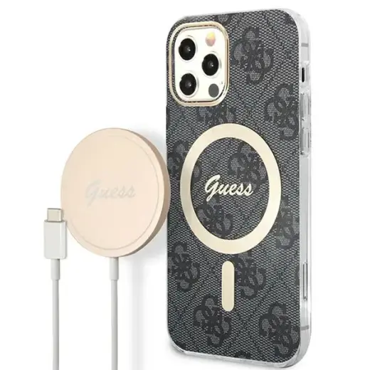 Zestaw Guess GUBPP12MH4EACSK Case+ Charger iPhone 12|12 Pro czarny|black hard case 4G Print MagSafe