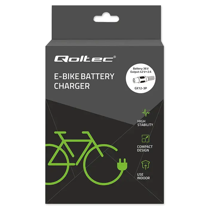 Qoltec Fast Charger for e-bike 36V | 42V | 2A | GX12-3Pin +power cable
