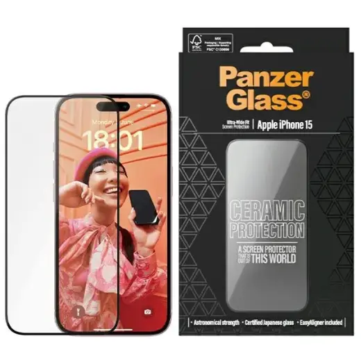 PanzerGlass Ceramic защитное стекло для телефона iPhone 15 6.1" Ultra-Wide-Fit Easy Aligner Included 2837