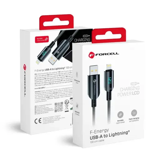 Forcell F-Energy C273 duomenų perdavimo ir įkrovimo laidas | USB-A į Lightning | 12W | su LED ekranu | 1.2m | juodas