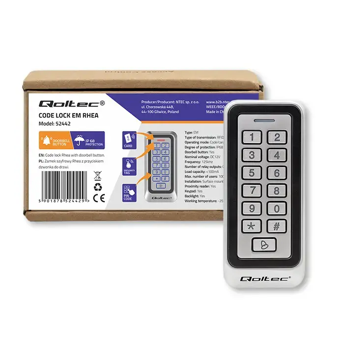 Qoltec Code lock RHEA with RFID reader | Code | Card | key fob |Doorbell | IP68 | EM