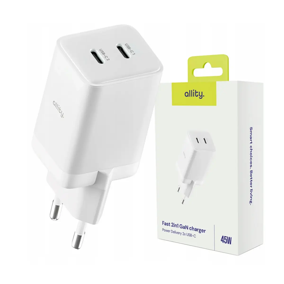 Allity wall charger GaN PD QC ATC-01-45WCC 2x USB-C 45W white