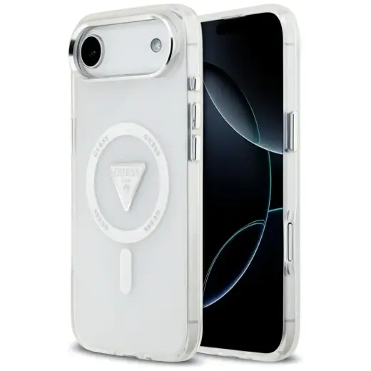 Guess IML Gradient With Print Triangle Logo & Silver Metal Camera Buttons maciņš ar MagSafe atbalstu telefonam iPhone 17 Air caurspīdīgs