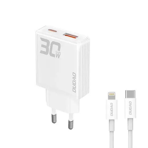 Dudao A30EUL tīkla lādētājs | 30W | GaN | USB-A, USB-C | USB-C uz Lightning vads komplektā | balts