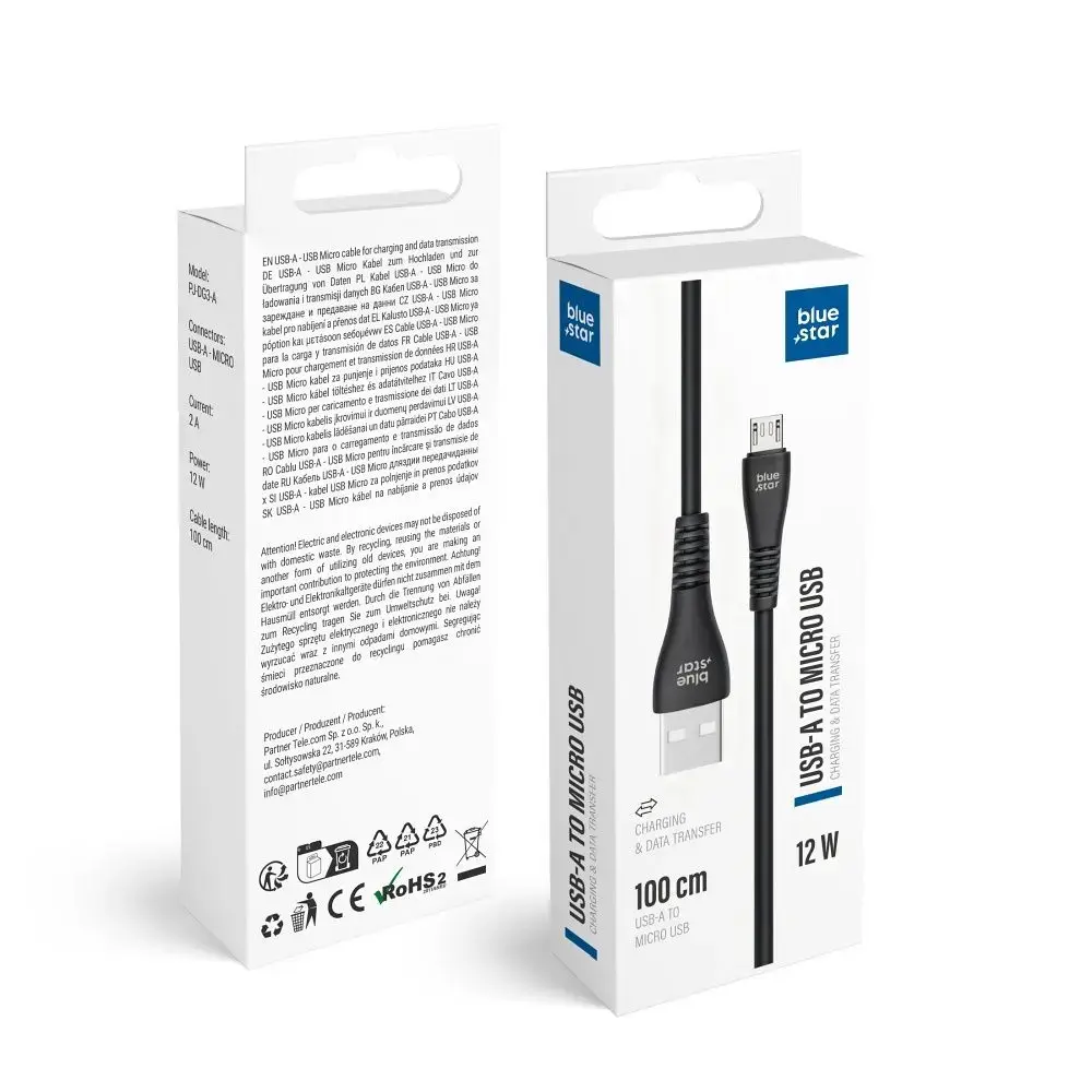 Blue Star PJ-DG3-A datu pārraides un uzlādes vads | USB-A uz Micro USB | 12W | 1m | melns