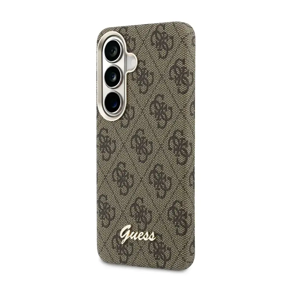Guess PU 4G Script Metal Logo maciņš ar MagSafe atbalstu telefonam Samsung Galaxy S26 (S942) brūns